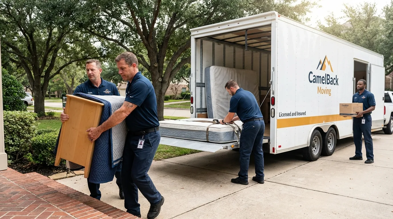 Crew loading residential truck for cross-state move from Hahnville, LA