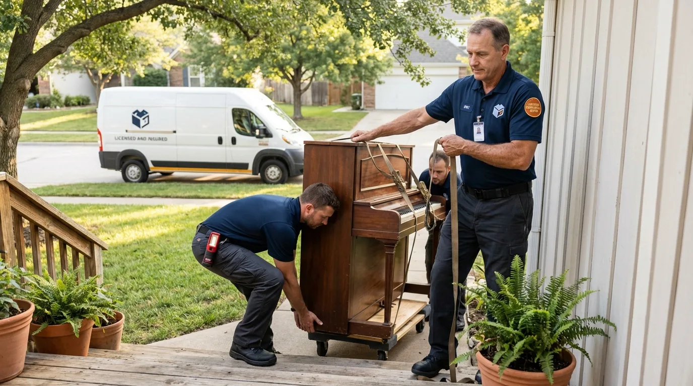 Licensed piano movers securing grand piano in Hahnville, LA