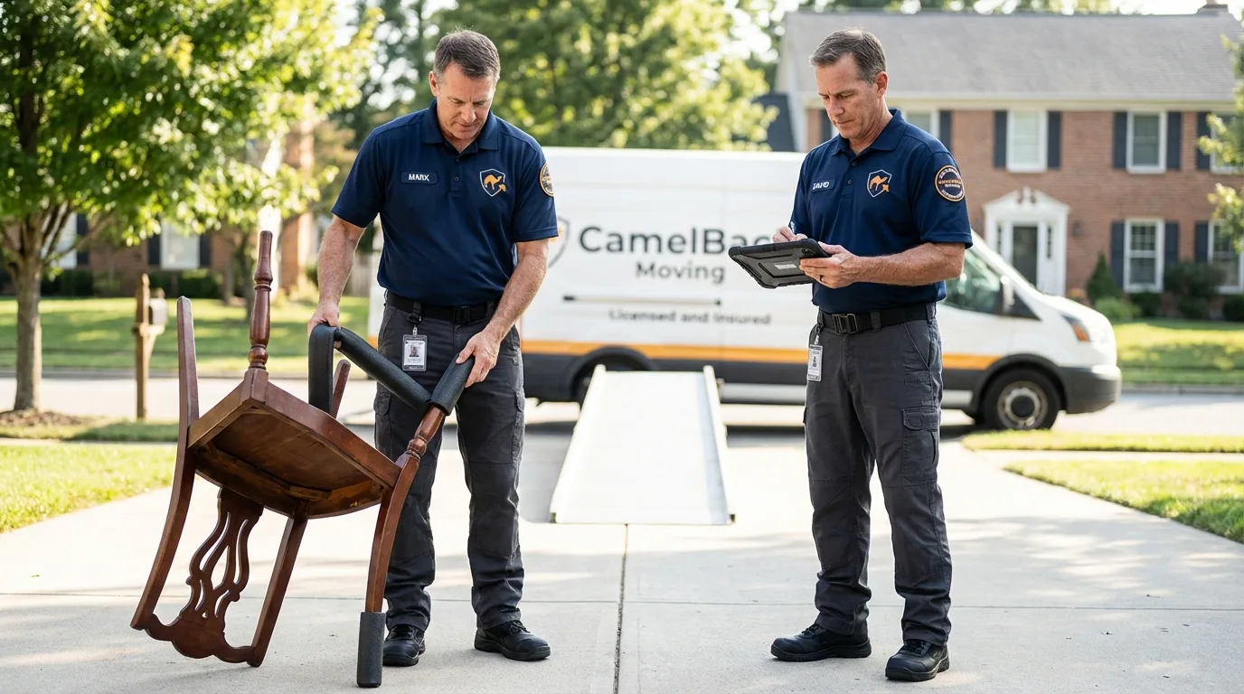 Movers inspecting furniture for damage prevention before loading in Hahnville, LA