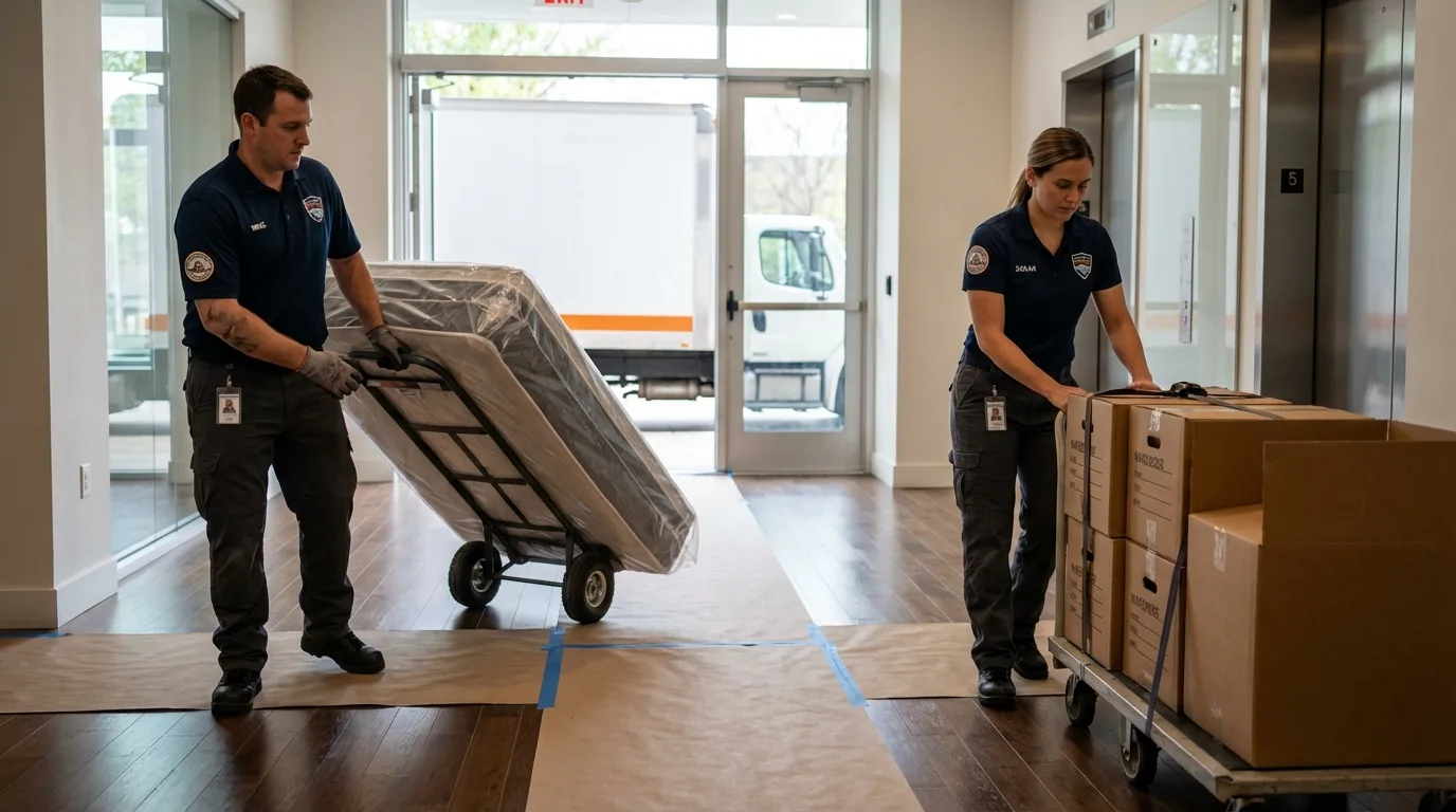 Professional apartment movers loading elevator in Hahnville, LA